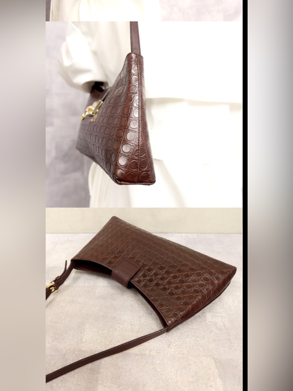 Salvatore Ferragamo Dark Brown Embossed Leather Shoulder Bag with Gold Hardware - Picture 3 of 5